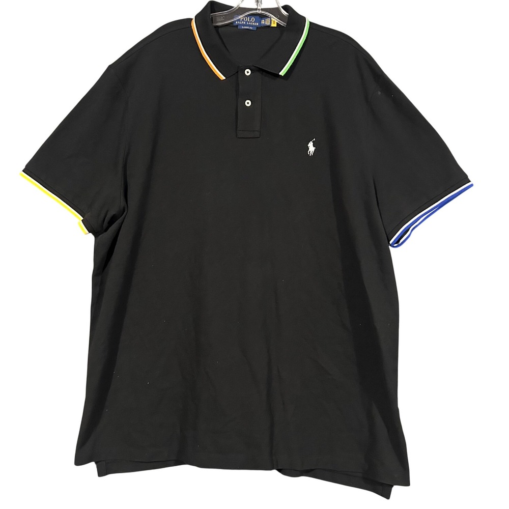 Polo Ralph Lauren Mens XXL Classic Fit Black Pique Polo Multi Color Tipped Trim